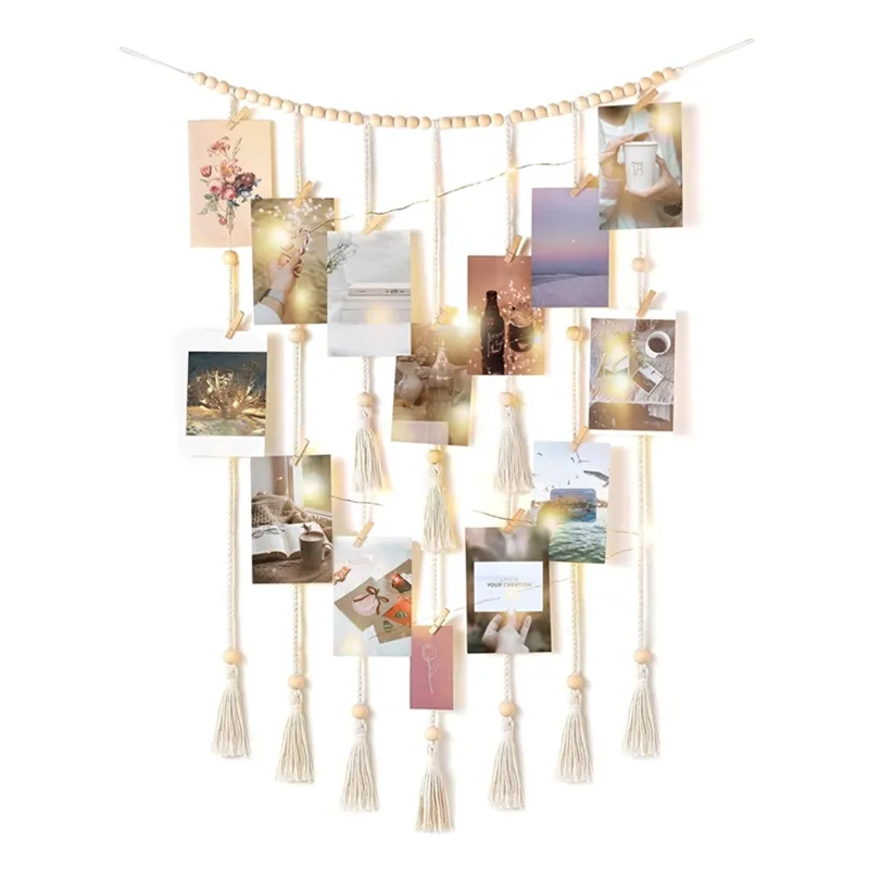 Boho Art Thema Houten Kralen Slinger 30-Clip String Lichten Foto Houder Kamer Macrame Opknoping Foto Display Muur Decor