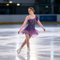 Robe de patinage artistique dégradé violet-rose avec strass et manches longues évasées en maille pour la compétition et les spectacles des adultes et des enfants