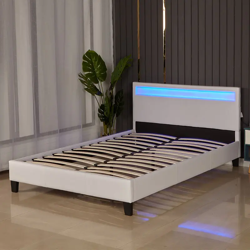 Marco de cama eléctrica LED fácil de limpiar, cama Queen King Size, luces de cambio, cama tapizada, muebles de dormitorio modernos