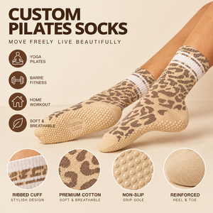 Calcetines de Yoga y Pilates Personalizados con Diseño de Leopardo Beige, Antideslizantes con Puntos de Silicona, para Mujer, Marca Privada para Estudio - Product Image 1