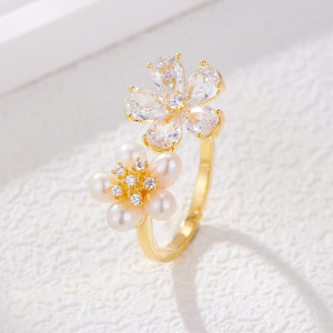 Freshwater Pearl Flower Open Ring Women's Party Jewelry Prong Setting Index Finger Ring Light Luxury Style - Product Image 2