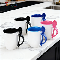 Mug en céramique à sublimation, intérieur coloré, avec poignée et cuillère, imprimable par transfert thermique, pour la maison et le bureau, vente en gros Topjlh