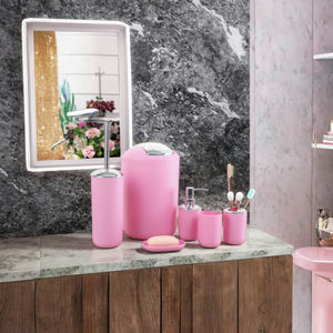 Ensemble d'accessoires de salle de bain traditionnels écologiques en plastique rond de 6 pièces avec distributeurs de savon Porte-brosse à dents pour la maison ou l'hôtel - Product Image 5