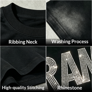 Camiseta de hombre de corte holgado personalizado, 280GSM, algodón, estilo urbano, logo de diamantes de imitación, estampado trasero, manga corta, cuello redondo, jersey de alto gramaje - Product Image 2