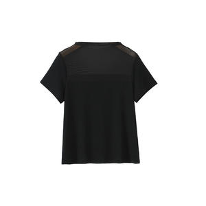 T-shirt en maille à empiècements pour femme Runqi, noir, manches courtes, grande taille, haut de ville, couleur unie, design à empiècements N9157 - Product Image 1