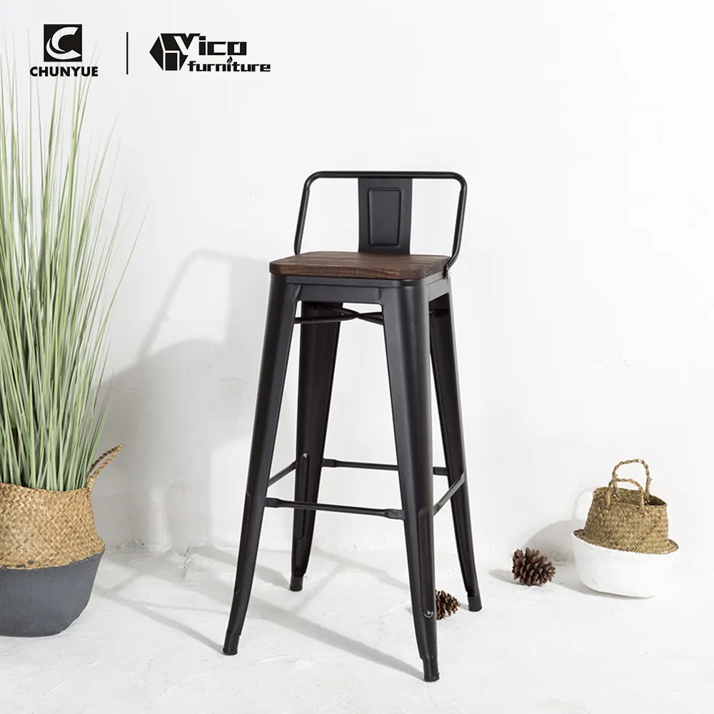 Factory directly adjustable vintage industrial bar metal stool with wooden cushion