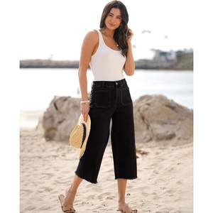 Pantalones Capri de cintura alta de pierna ancha a la moda para mujer 2025 para dobladillo crudo bolsillo de parche recortado de mezclilla elástica para pantalones con dobladillo crudo - Product Image 3