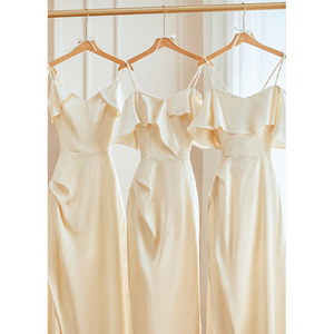 Champagne <b>Satin</b> Bridesmaid Dress <b>Halter</b> Neck Sheath Silhouette Natural Waistline Evening Gown - Product Image 3