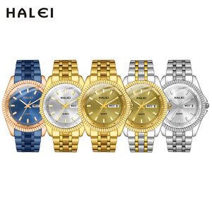 Envío Directo HALEI Reloj de Cuarzo Dorado para Hombre, Esfera Redonda, Correa de Acero Inoxidable, Doble Calendario, Movimiento Japonés, Venta al por Mayor - Product Image 6