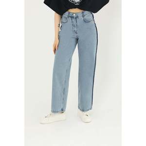 05:00 Jeans de Pierna Ancha para Mujer, Azul Denim, Costuras en Contraste, Estilo de Talle Alto 31625PNT - Product Image 2