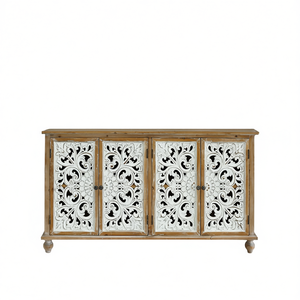 Credenza Moderna in Stile Farmhouse con 4 Ante in Legno Intagliato Floreale per Soggiorno - Product Image 1