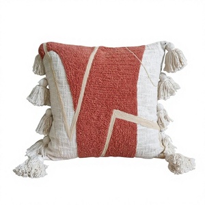Bohemian Geometric <b>Throw</b> Pillow With Tassels <b>Red</b> And Cream Woven Linen Cotton Rectangle Decorative Cushion Cover - Product Image 1