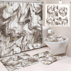 Rideau de douche en polyester à motif marbré blanc, gris et or, ensemble rideau et tapis de salle de bain, impression numérique, vente en gros - Product Image 1