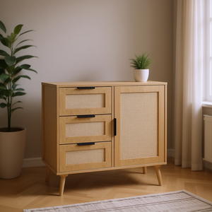 Commode moderne en rotin et bois, 3 tiroirs, 1 porte, rangement pour chambre à coucher et salon - Product Image 2