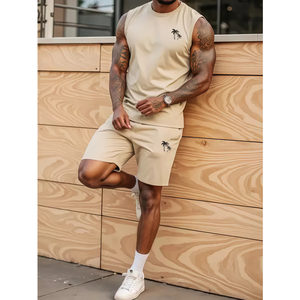 Conjunto Deportivo de Dos Piezas para Hombre, Verano, Bordado Chenille Personalizado, Color Sólido, Camiseta de Manga Corta con Cierre y Pantalones Cortos - Product Image 2