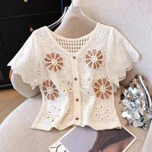 Women's <strong>White</strong> Bohemian Crochet <strong>Shrugs</strong> Short Sleeve Knitted <strong>Cardigan</strong> with Hollow Out Button for Summer Vacation Swimsuit Cover-Up - Product Image 4