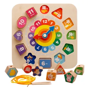 2021 नई बच्चों लकड़ी के खिलौना लकड़ी की घड़ी पहेली खिलौना लकड़ी बच्चों जाली खेल चमकदार आकार छँटाई के लिए सूत्रण के साथ घड़ी