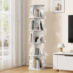 Étagère d'angle autoportante en bois blanc étroite pour organiser les livres 360 °   <span class=keywords><strong>Tour</strong></span> de bibliothèque rotative à 5 niveaux - Product Image 1