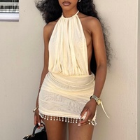 Nouvelle Robe Mini Sexy d'Été 2026 pour Femme, Style Spicy Girl, Col Halter, Sans Manches, avec Détails Franges et Effet Pochette sur les Hanches