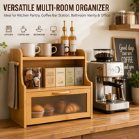 Meuble de rangement en bambou à 3 niveaux, organisateur de comptoir avec porte en acrylique cannelée, étagère ouverte et barre porte-serviettes latérale pour cuisine et bar à café
