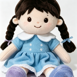 Muñeca de peluche personalizada para niña con vestido azul y ribete de encaje, muñeca de peluche con coletas trenzadas y lazos de cinta, encantadora muñeca de trapo de peluche. - Product Image 5