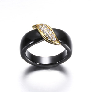 Ceramic Diamond <b>Ring</b> 18K Gold 21mm Leaf Pattern Black White <b>Couple</b> <b>Ring</b> Women's Everyday Wear - Product Image 4