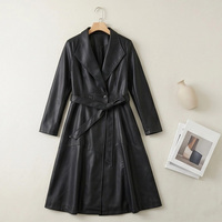 Manteau trench en peau de mouton pour femme, noir, col à revers, double boutonnage, ceinturé, évasé, mi-long, élégant, en cuir