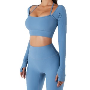 Haut de sport et de yoga à manches longues, uni, moulant, coupe ajustée, style débardeur à bretelles spaghetti et col rond, collection Printemps-Été - Product Image 5