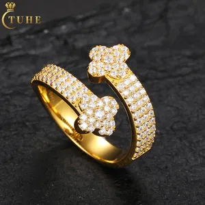 Pemasok perhiasan merek berlapis emas perak murni 925 AAAAA CZ berlian es keluar ajustabil empat daun semanggi cincin