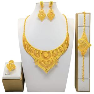 Set Perhiasan Emas Lapis 22K Dubai <span class=keywords><strong>Saudi</strong></span>, Anting, Gelang, Kalung, untuk Pengantin Wanita, Impor - Product Image 4
