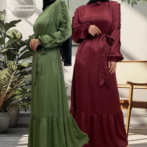 9.9 Popular Dress Rose Satin Material Crew Neck Elastic Cuff Pleated Dress Classy Muslim <b>Islamic</b> Women Abaya Dress 6582# - Product Image 1