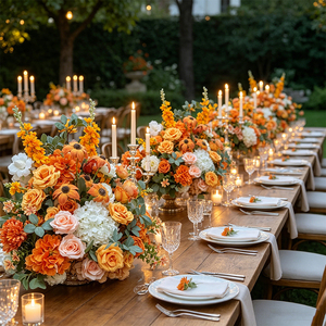 Arreglo Floral de Hortensias y Larkspur en Tono Naranja Rústico Otoñal, Decoración para Banquetes de Boda - Product Image 2