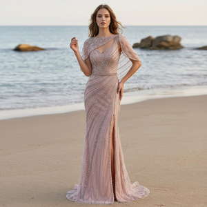 DKN0322B Vestido de Noche de Lujo Azul y Rosa Estilo Sirena con Cuentas y Cristales, Elegante Vestido de Fiesta con Capa y Abertura Alta para Invitadas de Boda - Product Image 5