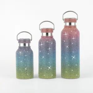 Rhinestone Diamond Water Bottle 600ml Stainless Steel Water Bottle With Diamond And Pearl Handle