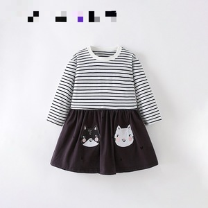 Abito a maniche lunghe per bambine - Top a righe con gonna con stampa di gatti, abito casual a blocchi di colore per bambine primavera autunno - Product Image 1