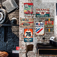 Ensemble de panneaux métalliques 2D vintage pour huile moteur de course, style rétro Route 66 Texaco Mobil STP, décoration murale pour garage, man cave, bar