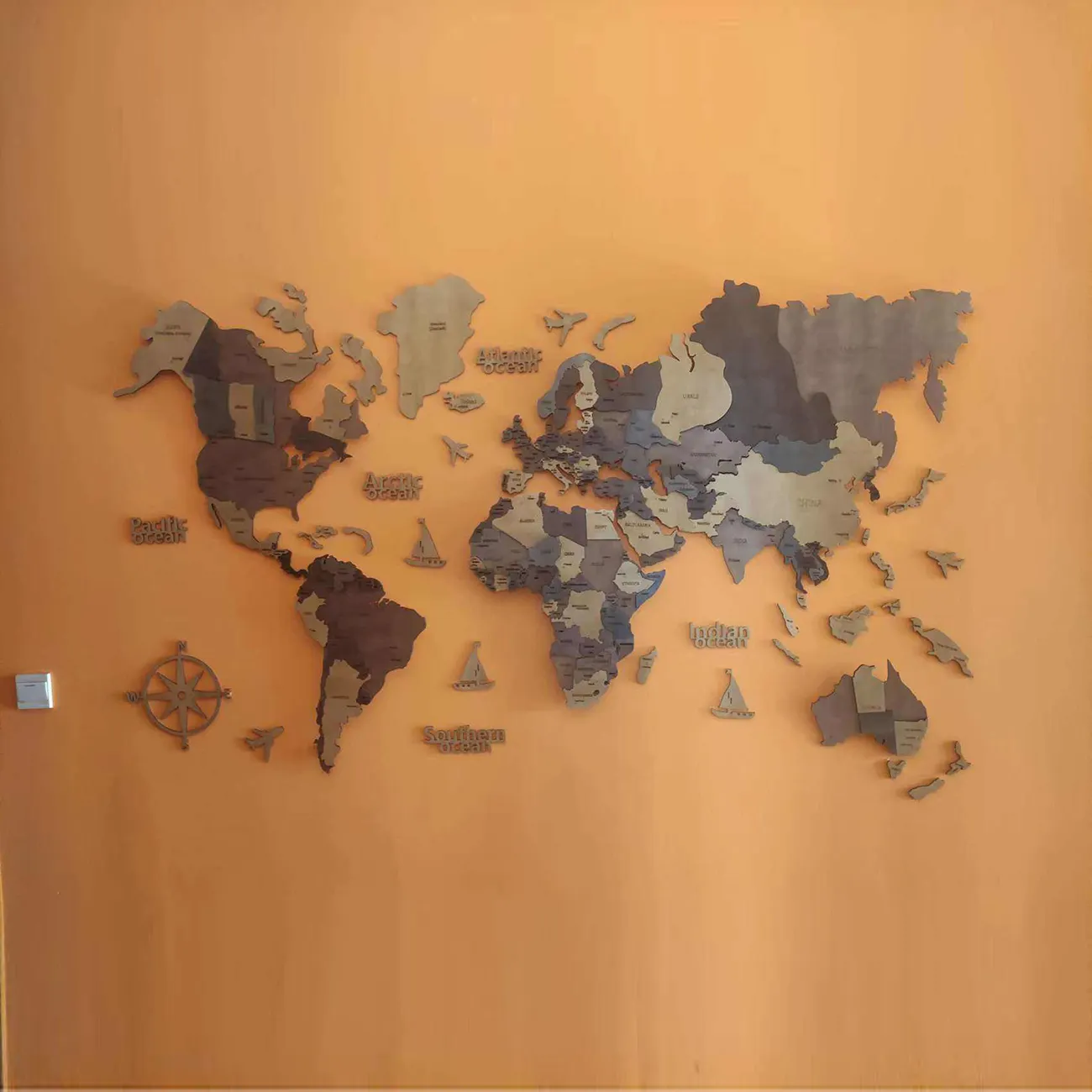 Taille personnalisée disponible carte du monde en bois carte murale 3D décor d'art mural pour la maison et le bureau