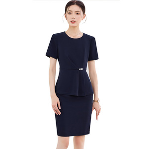 Elegant Short Sleeve Peplum Suit O Neck Solid Color Polyester Career Dress Women's Workwear - Product Image 5