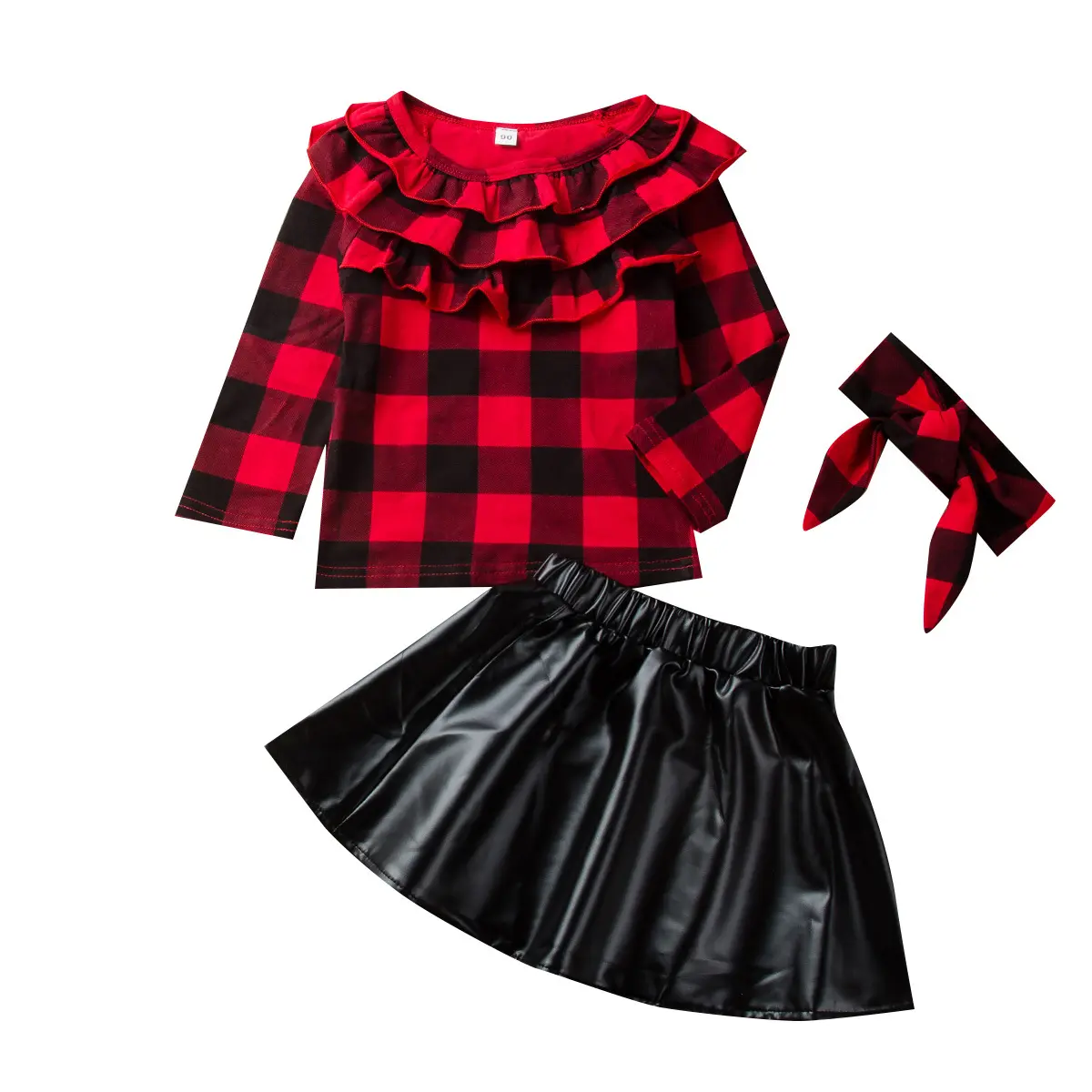 Children Girl Autumn Girls Clothing Sets Children's Suits Shirt+leather Skirt+headband 3pcs Baby Girl Outfit Fashion Kids Long Sleeves Plaid