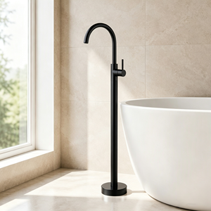Robinet sur pied gris, finition minimaliste, monocommande, pour lavabo de salle de bain - Product Image 4