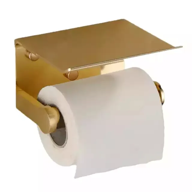 Metalen Zwart Goud Badkamer Zonder Boren Zelfklevende Wandgemonteerde Toiletrol Papieren Handdoekhouder Met Mobiele Telefoon Plank