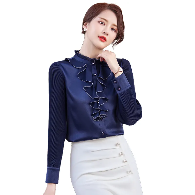 Wholesale High Quality New Elegant Female Loose Shirt Casual Women Tops Long Sleeve Office Ladies Work Blue Ruffled Blouse