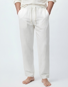 Pantalon en lin blanc pour homme, taille élastique avec cordon de serrage, décontracté, respirant, coupe droite, tissu léger, idéal pour l'été - Product Image 1