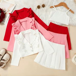 Abbigliamento Casual da ragazza in stile europeo tre pezzi abito da ragazza vestito rosso alla moda per bambini maniche lunghe + <span class=keywords><strong>gonna</strong></span> plissettata da ragazza + top - Product Image 5