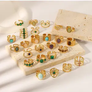 Vintage Adjustable 316 Stainless Steel 18k Gold Emerald Natural Stone Open Finger Rings Set Women Stacking Knuckle Ring Jewelry