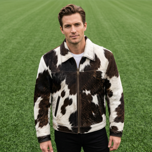 Blouson aviateur en cuir de vachette véritable pour homme, imprimé animal, col rabattable, fermeture éclair, style décontracté d'hiver - Product Image 1
