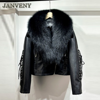 JANVENY 2024 nouveau hiver réel col en fourrure de renard Faux cuir veste courte femmes bras sangle fermeture éclair lâche chaud lavé PU cuir manteau