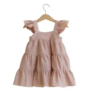 kids solid color tiered linen dress bohemian flutter sleeve girl long causal dress
