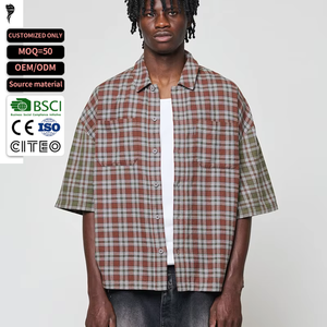 Chemise en flanelle à carreaux à manches courtes pour homme, 100% coton, col rabattu, t-shirts en coton 100%, chemise en flanelle brodée - Product Image 1