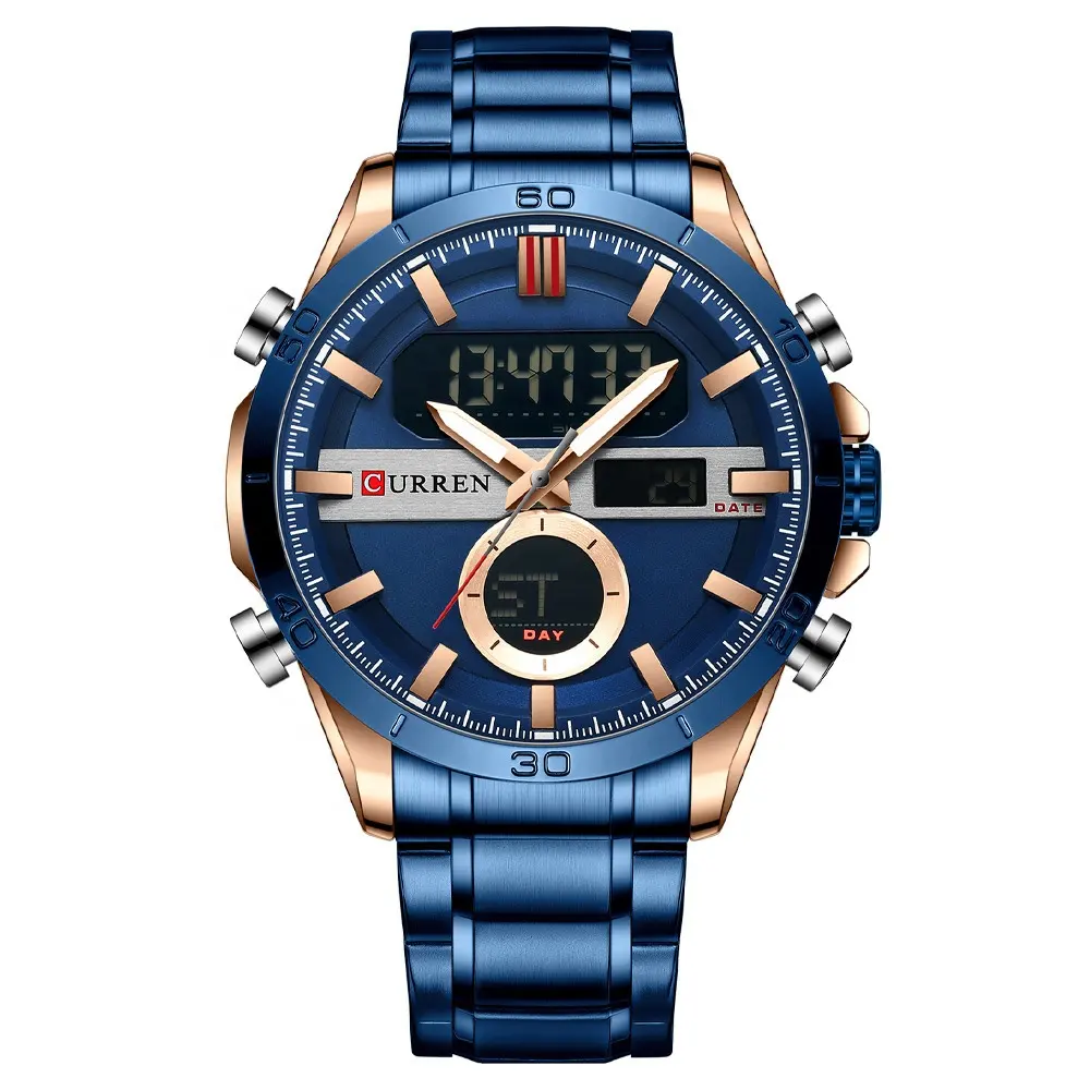 ホットセールCURREN8384スポーツメンズ腕時計高級ビジネスLED男性時計ステンレススチールストラップクォーツデジタルメンズ腕時計